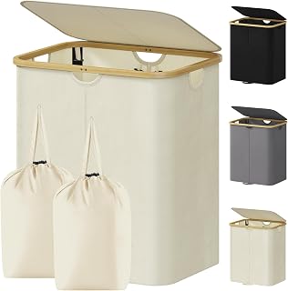 Lifewit 125L Double Laundry Basket with Lid, 2 Removable Bags, Cream White