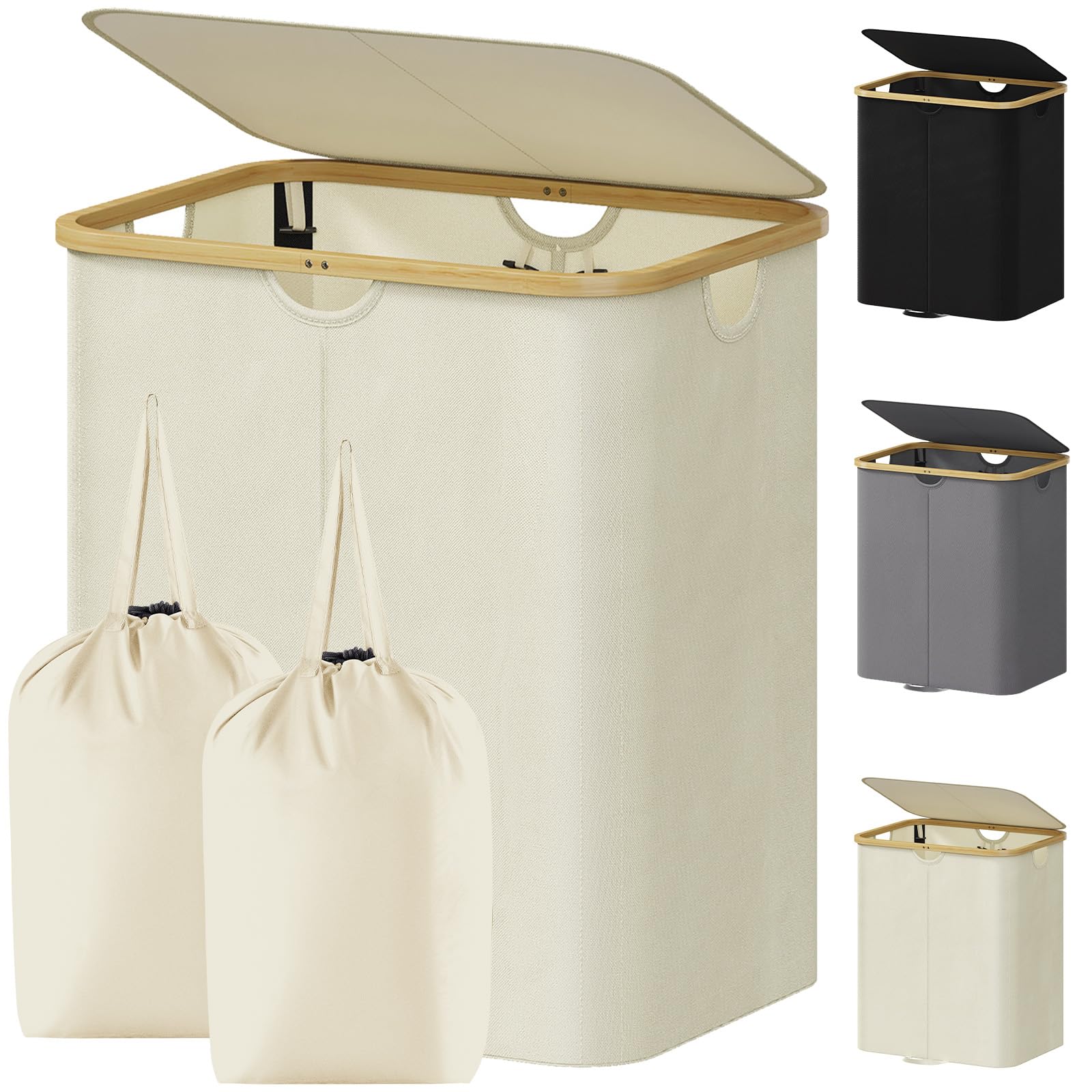 Lifewit 125L Double Laundry Basket with Lid, 2 Removable Bags, Cream White