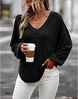 Womens Long Sleeve V Neck Tops Loose Fit Casual T-Shirt Tops