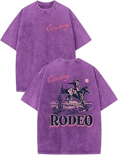 Bobeutou Western Shirts for Men Vintage Rodeo Cowboy Shirt Oversized Graphic Tees Country Concert Acid Wash T-Shirts Tops