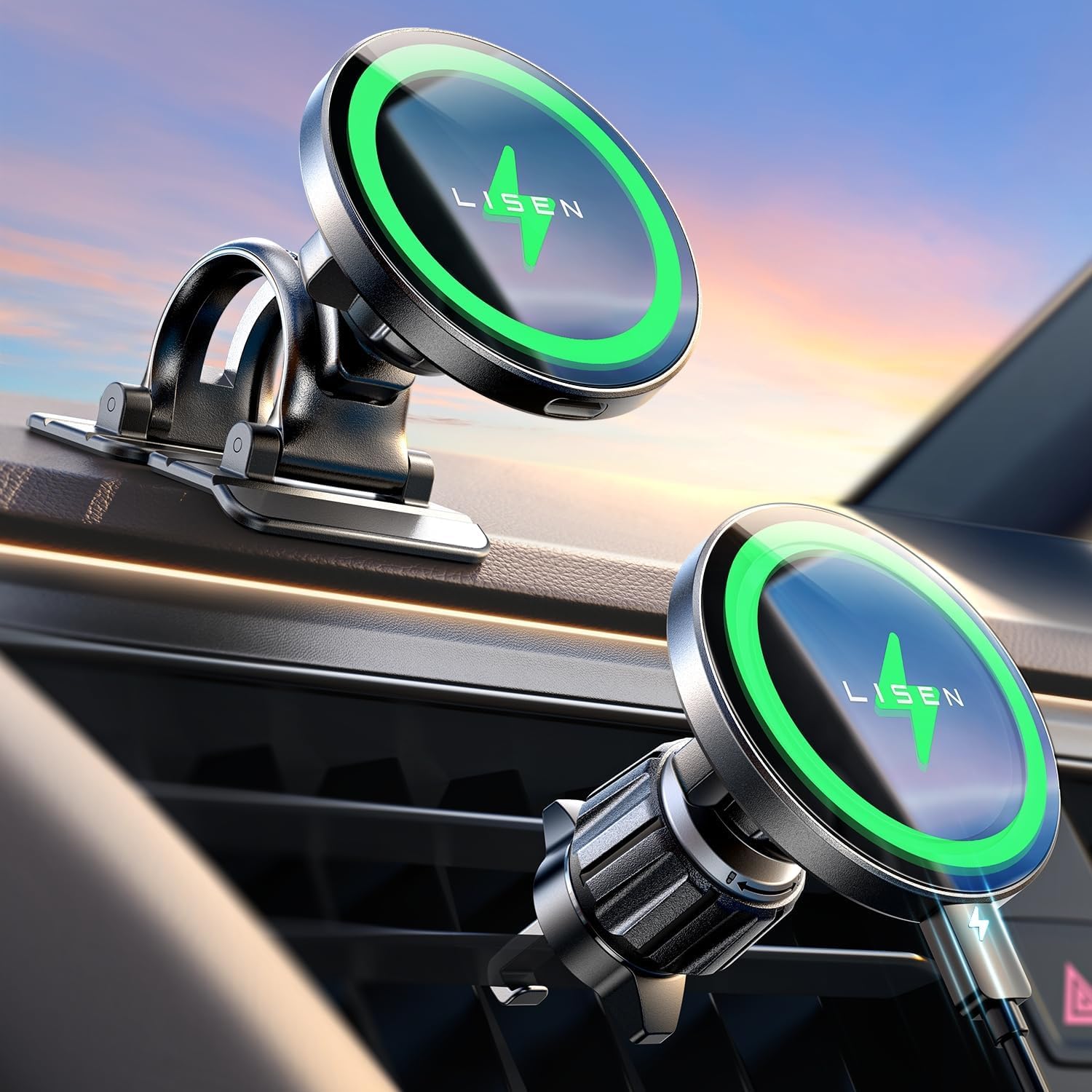 LISEN 15W MagSafe Car Mount Charger, Magnetic Phone Holders for Your Car | [Dual