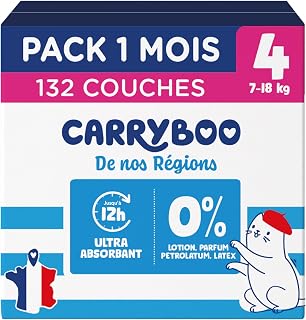 CARRYBOO - 132 Healthy and Ultra Absorbent Diapers - Size 4 (7-18 kg) | 12 hours Anti-Leak – No Unwanted Substances – Available Price – Original France Guarantee – Pack 1 Month