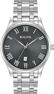 Bulova Men's Classic Stainless Steel 3-Hand Date Calendar Quartz Watch, Grey Dial with Roman Numeral Markers Style: 96B261