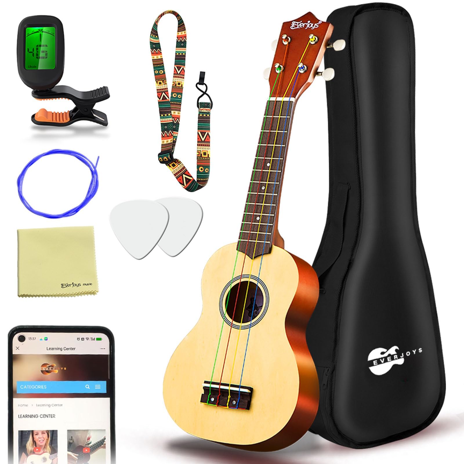 Everjoys Soprano Ukulele Beginner Kit 21 Inch w/Free Online Lesson Gig Bag Tuner