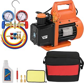 VTG VOGTEN 4.5 CFM AC Vacuum Pump and Gauge Set for R134a R12 R22 R502 | AC Vacuum Pump Kit for Mini Split/HVAC/Auto Systems,w/2 R134a Can Taps,2 R410a Adapters,Vacuum Oil,Storage Bag