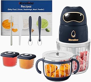 Veroline Baby Food Maker, Puree Blender Set with 600ml &amp; 300ml Glass Bowls | Makes Smooth Baby Puree from Fruit, Meat &amp; Vegetables, Includes Matching Baby Food Storage Containers, Baby Essentials
