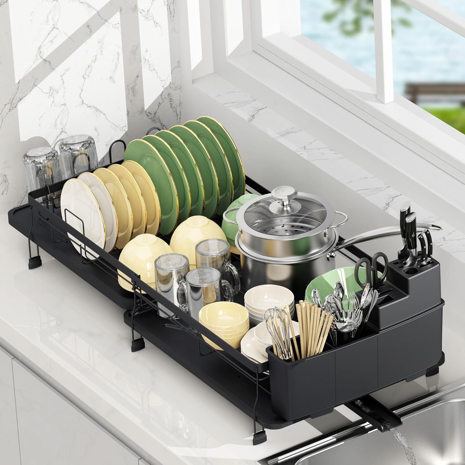 Rottogoon Dish Drainer Rack, Expandable Dish Rack for Kitchen Counter
