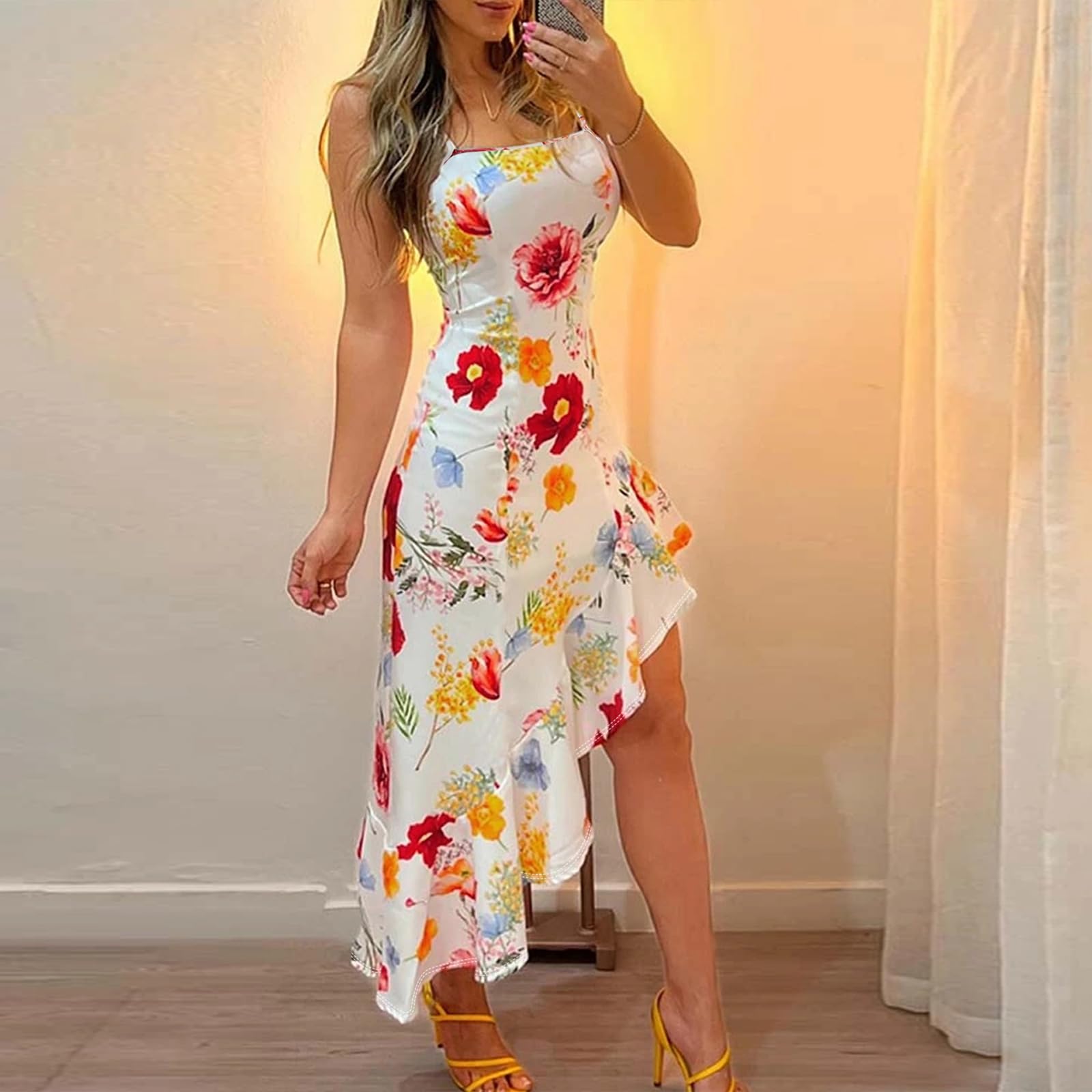 Women's White Red Floral Print Spaghetti Strap Asymmetrical Ruffle Dress