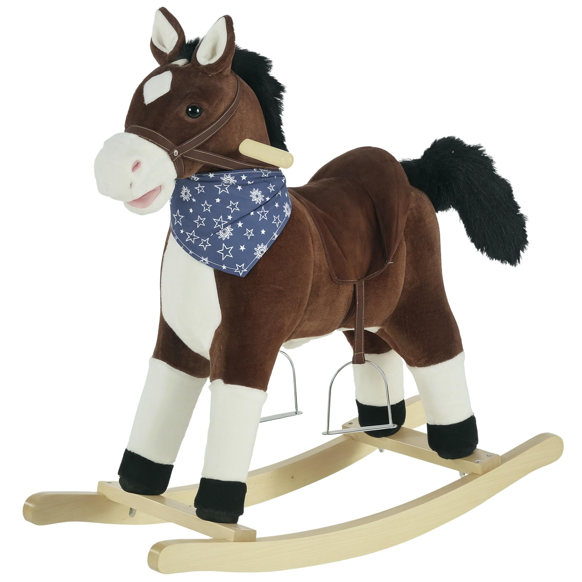Qaba Kids Plush Ride-On Rocking Horse Toy with Fun Realistic Sounds Brown | Cowb