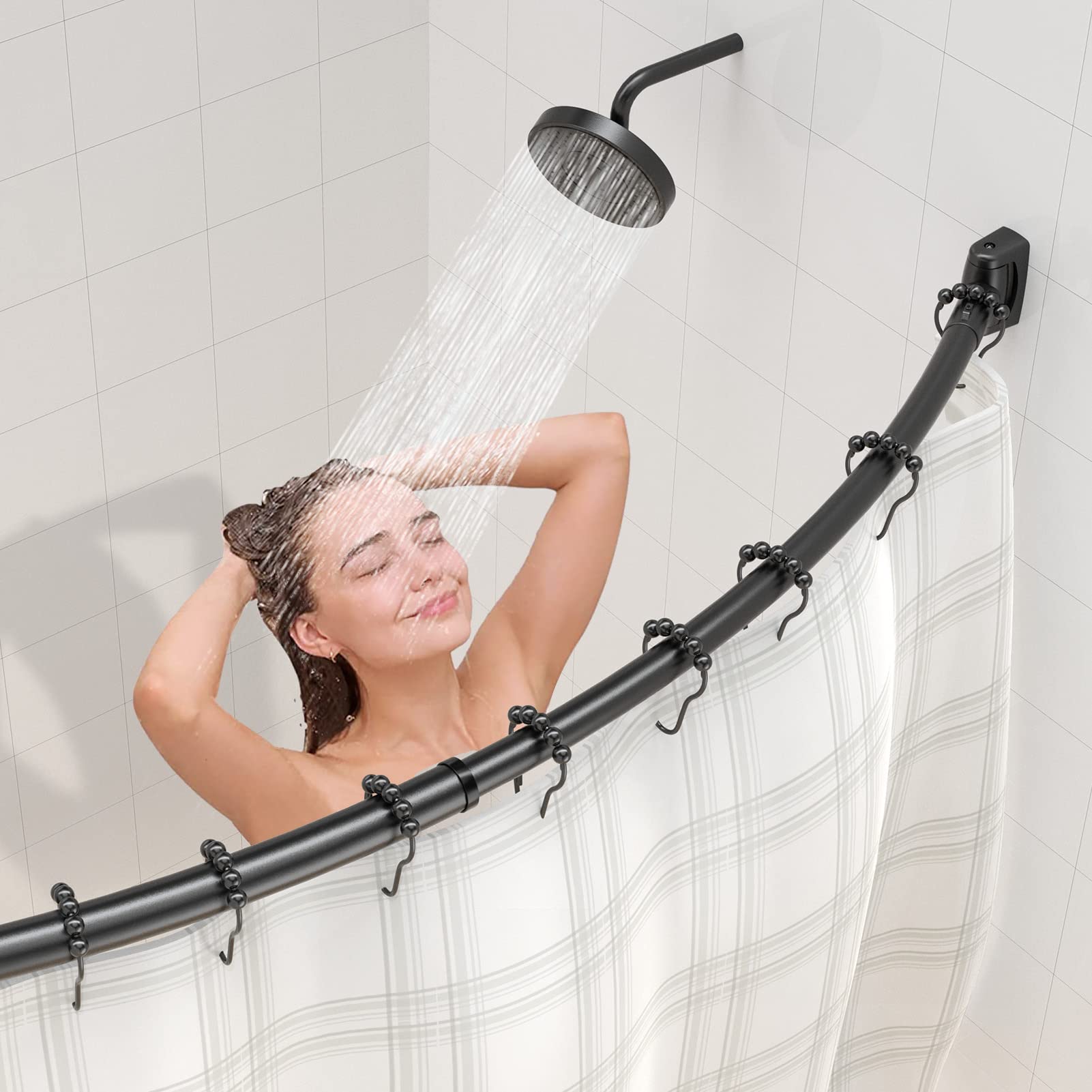 304 Stainless Steel Curved Shower Curtain Rail with 18 Stainless Steel Shower Cu