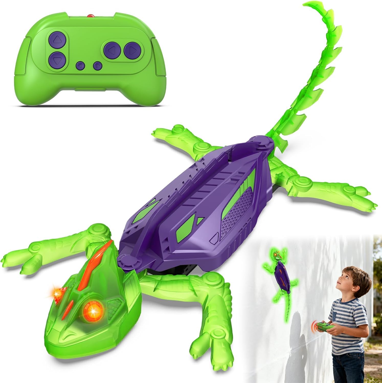 Goody King Wall-Climbing Gecko Toys with LED Lights, 360° Rotating Wheels, USB R