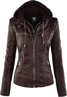 Lock and Love Women's Faux Leather Moto Biker Jacket Coat with Removable or Non-Removable Hood