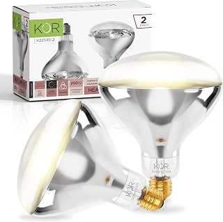 KOR 250W R40 Clear Incandescent Heat Lamp Bulbs, E26 Medium Base, 2-Pack | Infrared 120V Reflector Flood Design, 2,000-hour Rated Life, For Food Warmers, Chicken Coops, Livestock and Reptiles