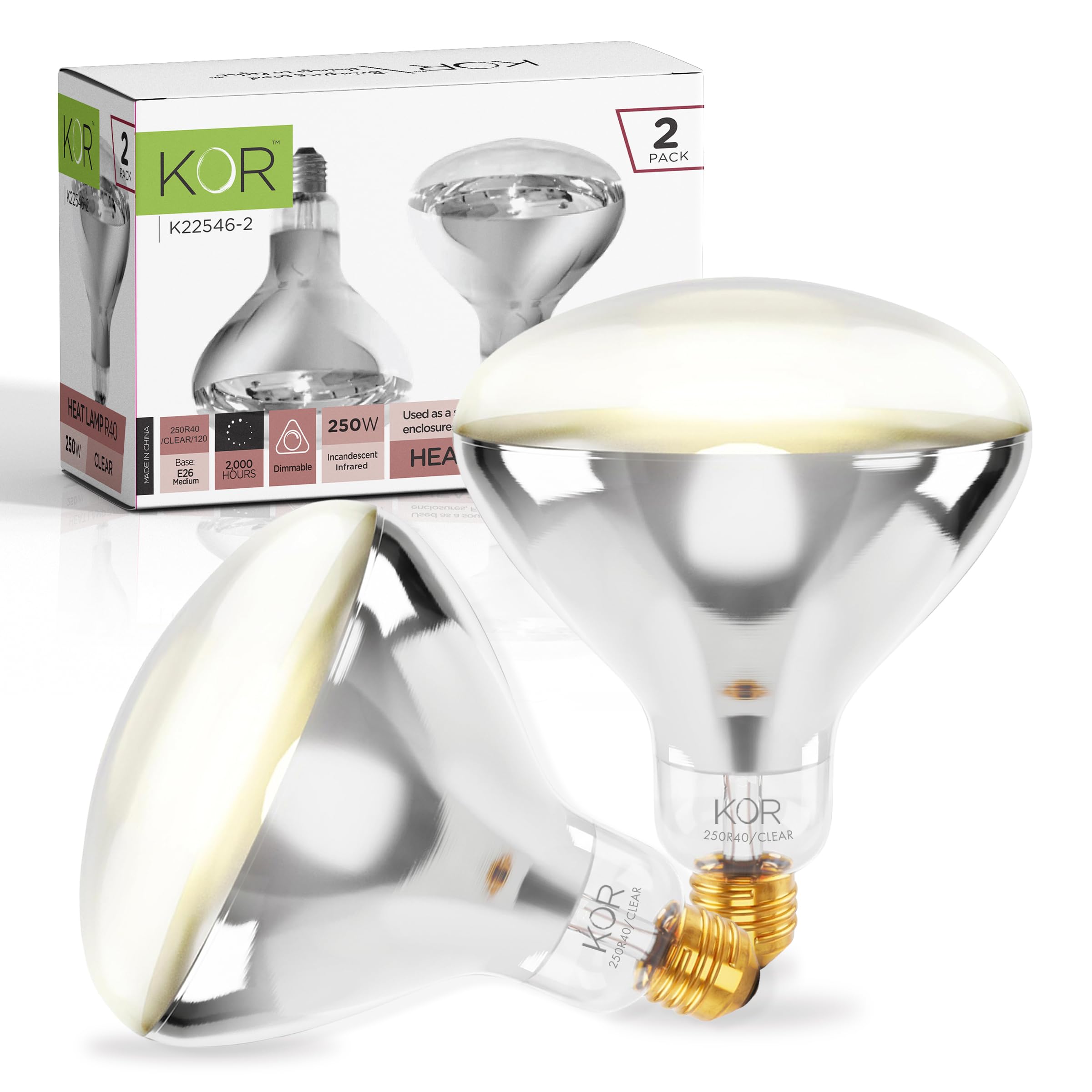 KOR 250W R40 Clear Incandescent Heat Lamp Bulbs, E26 Medium Base, 2-Pack | Infra