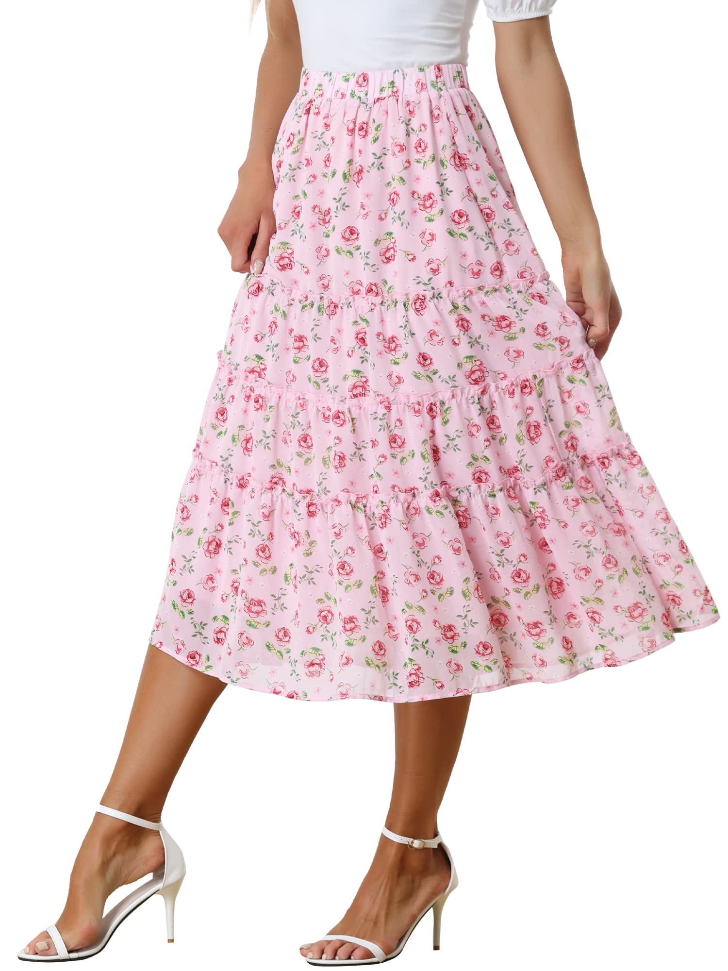 Allegra K Women's Floral Skirt Chiffon A-line Long Tiered Ruffle Maxi Skirt
