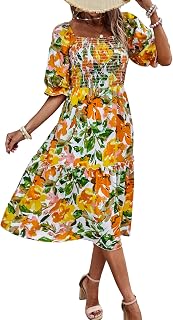 PRETTYGARDEN Women's Summer Casual Dresses 2026 Spring Puff Sleeve Square Neck A Line Flowy Boho Floral Smocked Midi Dress