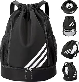 Wihozte Waterproof Sports Backpack, Large Drawstring Gym Bag with Shoe Compartment and Water Bottle Mesh Pockets, Sports Backpacks for Men Women, Football Basketball Volleyball