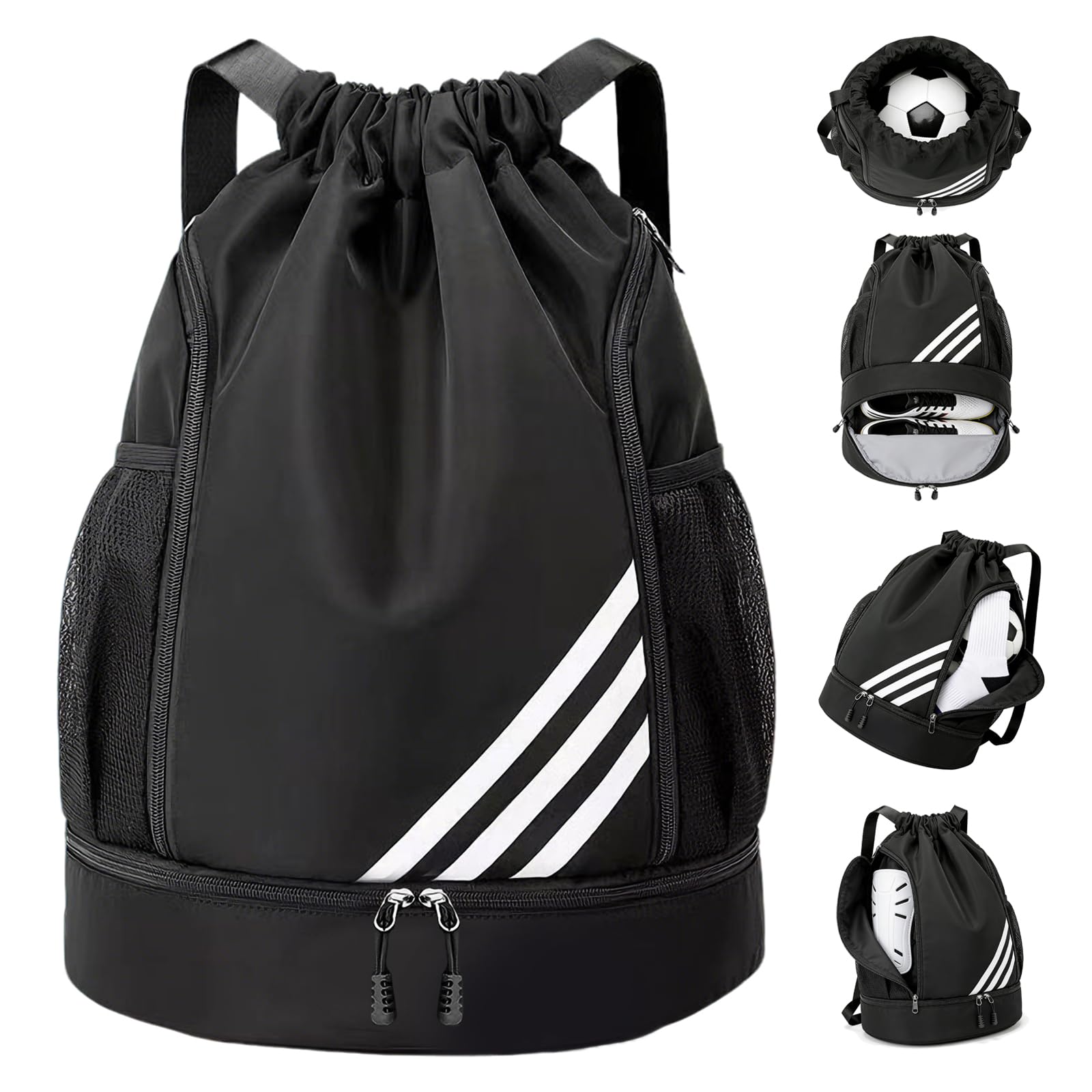 Wihozte Waterproof Sports Backpack, Large Drawstring Gym Bag with Shoe Compartme