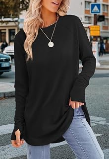 Womens Tunic Tops to Wear with Leggings Long Sleeve Thumb Hole Shirts Crew Neck Curved Hem