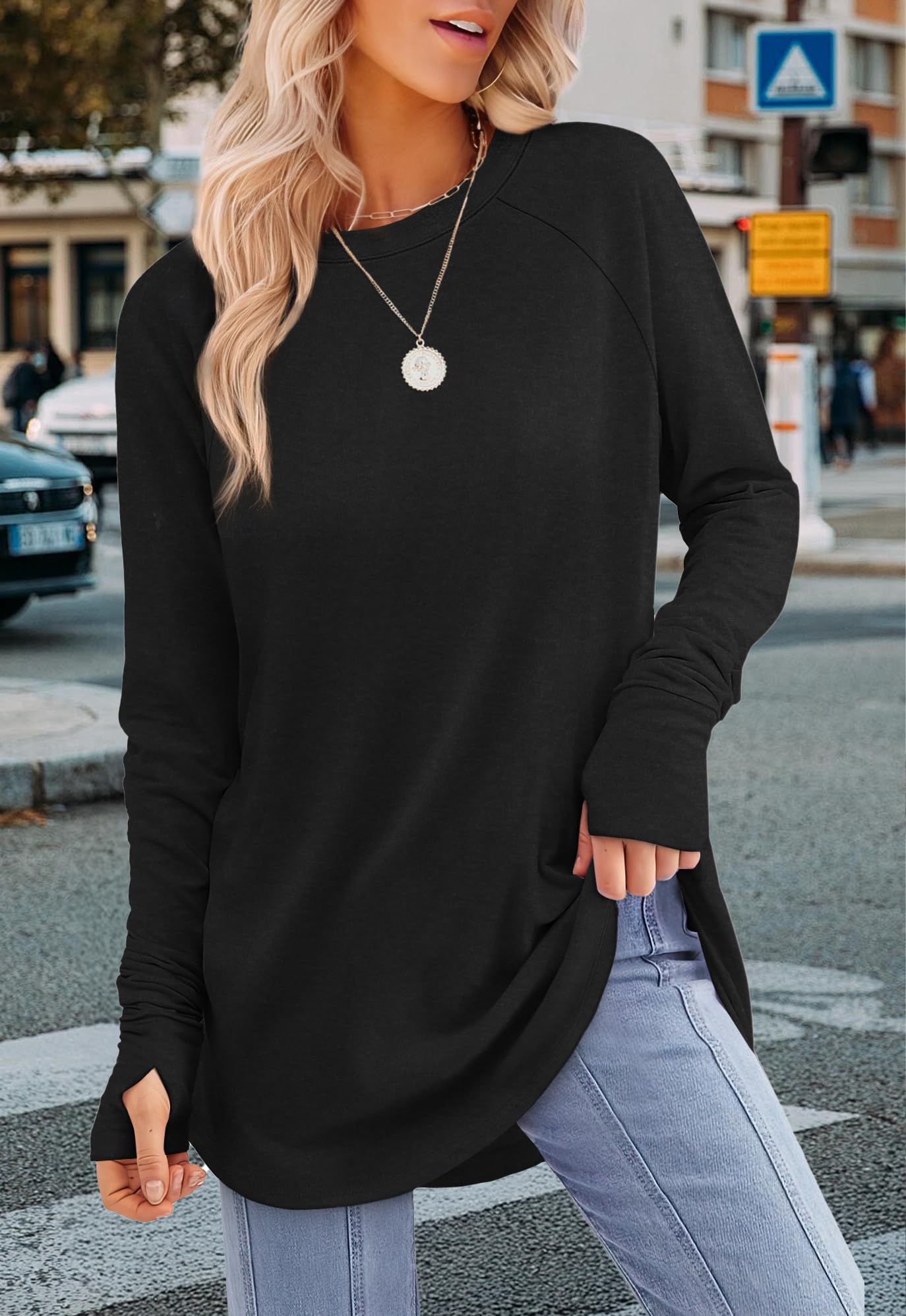 Womens Tunic Tops to Wear with Leggings Long Sleeve Thumb Hole Shirts Crew Neck 