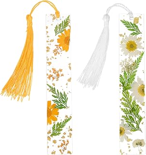 Resin Dried Flower Bookmarks for Women Reading Transparent Dry Floral Bookmarks Cute Floral Press Page Maker with Tassel White Orange 2pcs