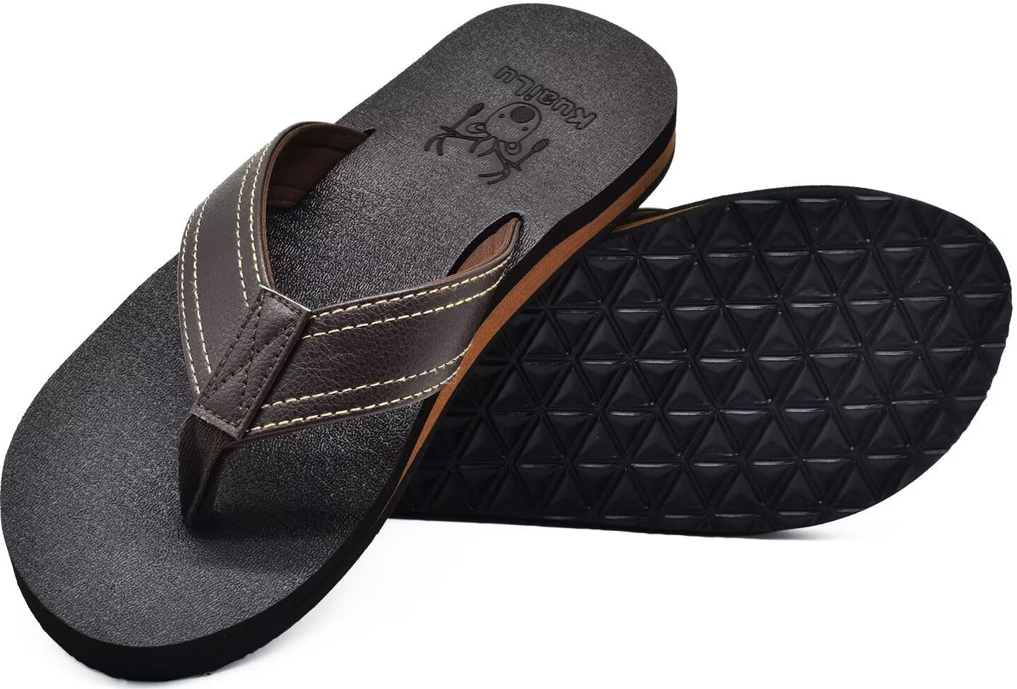 KuaiLu Flip-Flops, Men's Soft Leather Bathing Sandals, Comfy, Wide Feet, Yoga, F