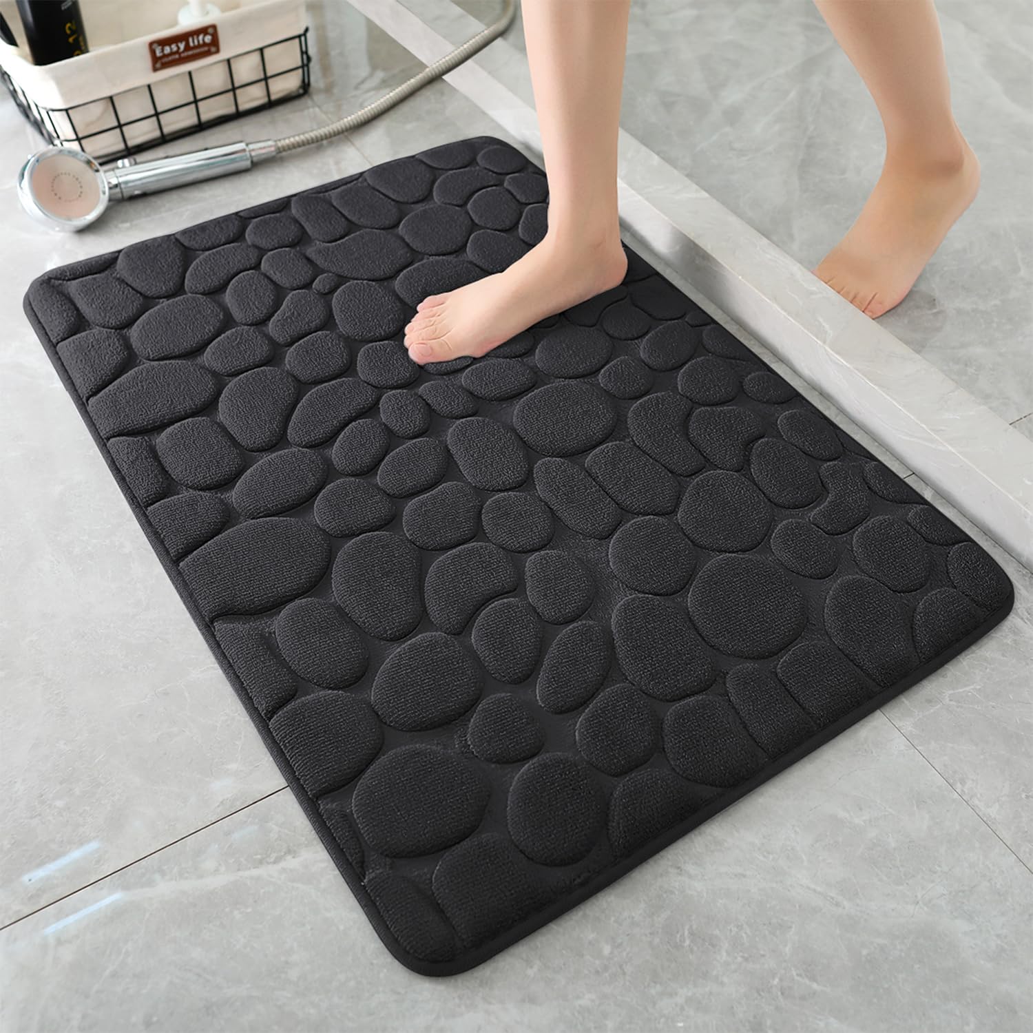 YIHOUSE Black Bathroom Mat,Cobblestone Memory Foam Bath Mat,17"x24"