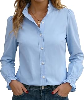 Funlingo Women's Striped Button Down Shirts Long Sleeve Smocked Cuffed Ruffle Collar Blouses Spring Work Business Casual Tops
