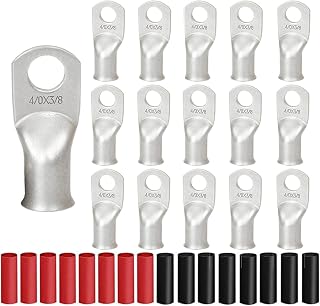 16Pcs 4/0 AWG 3/8" Stud Heavy Duty Tinned Copper Wire Lugs with 16Pcs 3:1 Black & Red Heat Shrink Tubing 4/0 Gauge Copper Battery Cable Ends Eyelets Tubular Ring Terminal