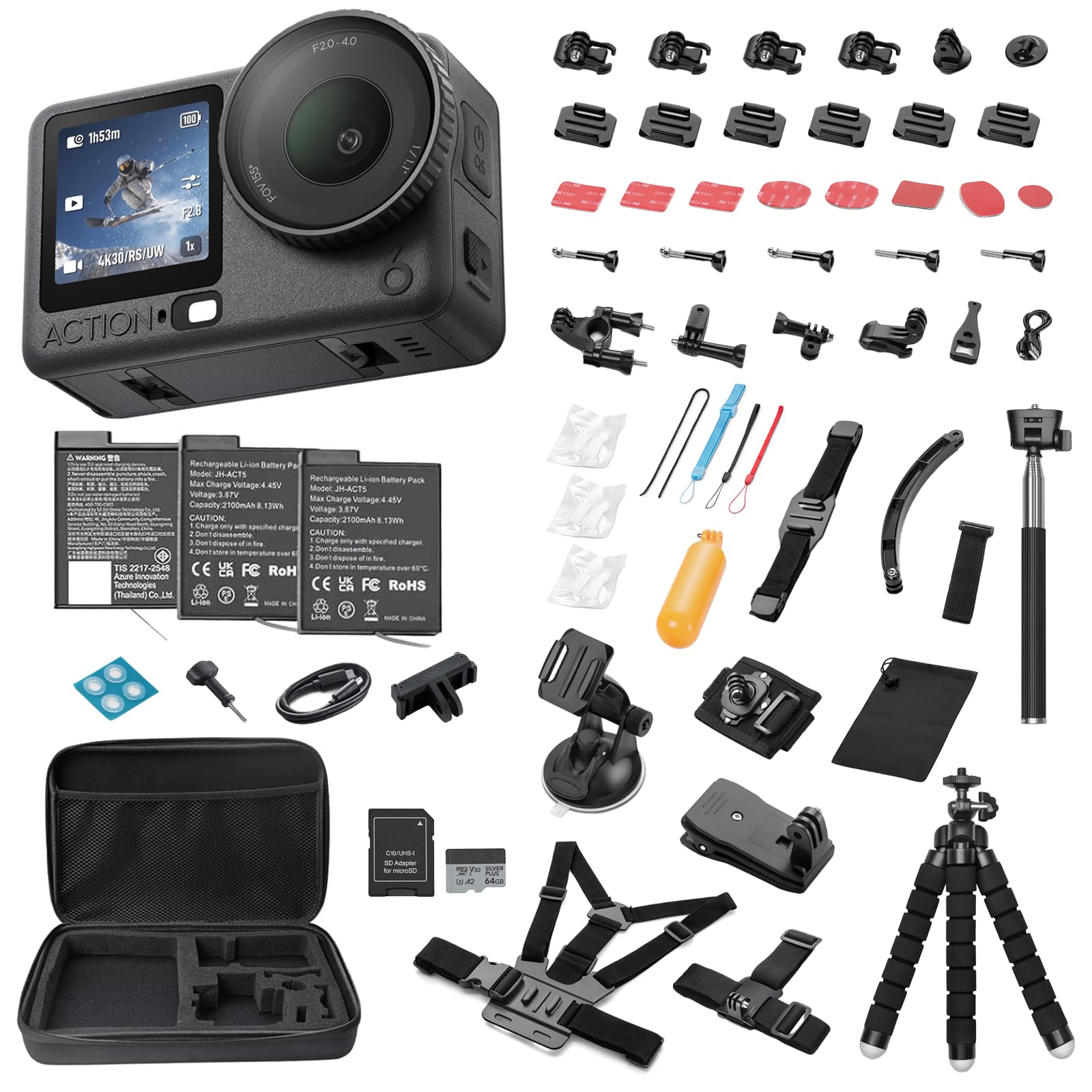 DJI Osmo Action 6 8K Waterproof Action Camera Bundle | 1/1.1" Square Sensor, 50GB Built-In Storage, Original Essential Combo + 58-in-1 Accessory Kit + 2 Extra Batteries + 64GB Card