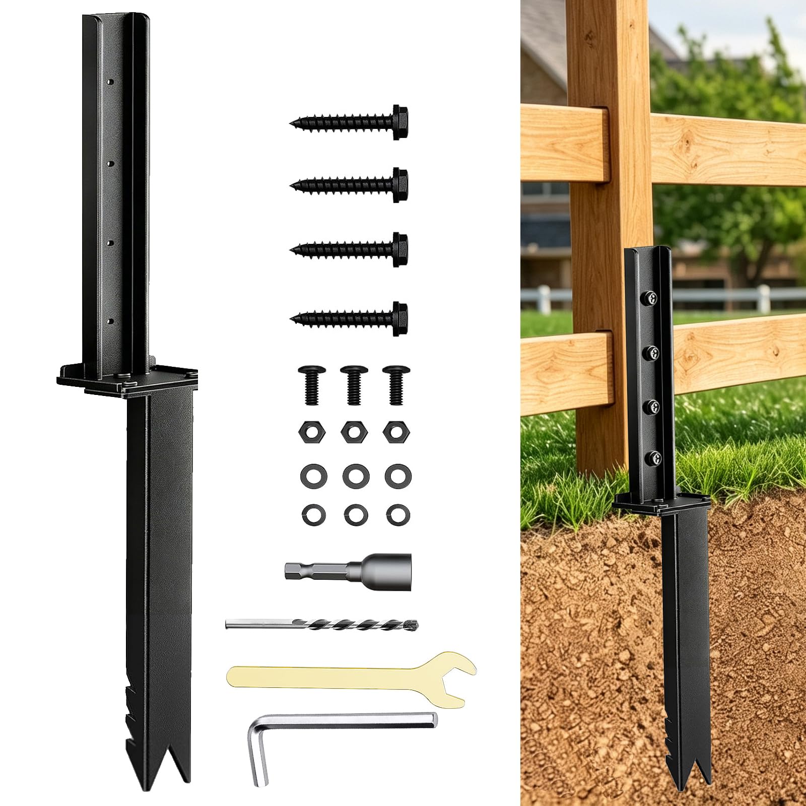 1 Pack Heavy Duty Fence Post Repair Stakes, Steel Fence Post Repair Kit with Nai