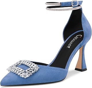 Castamere Women's High Block Chunky Heel Strappy Ankle Strap Diamond Crystal Pointed Toe Pumps 8.5CM Heels