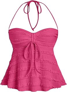 SOLY HUX Women's Peplum Halter Crop Tops Y2K Drawstring Tie Ruched Dressy Casual Spaghetti Strap Cami Top