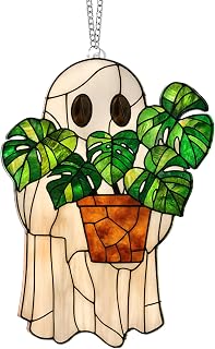 Halloween Stained Glass Ghost Plant Ornament, Suncatcher Decor | UV Printed Acrylic Boo Ornament, 4.3 X 3.5 Inches, 3mm Thick, Halloween Fall Decor