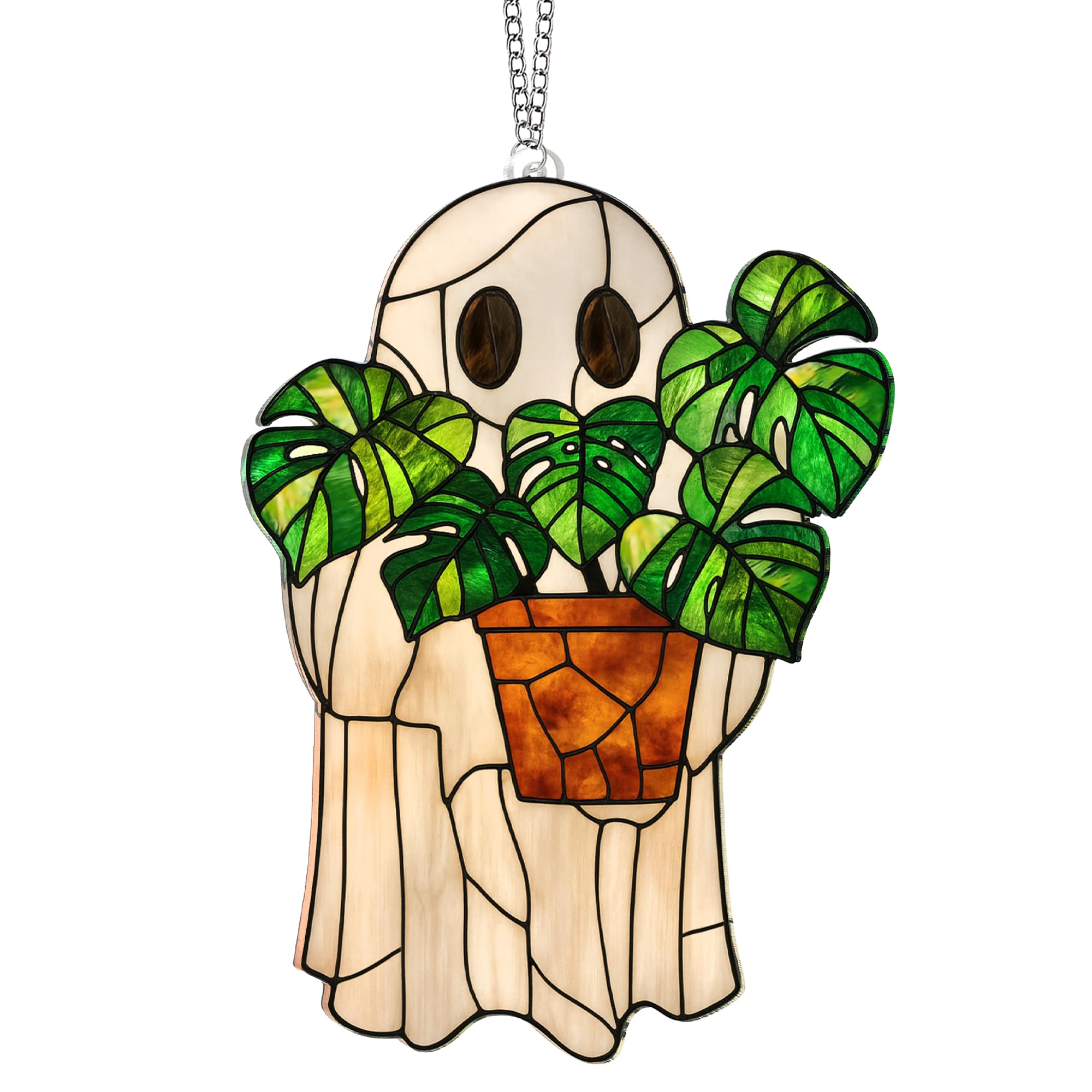Halloween Stained Glass Ghost Plant Ornament, Suncatcher Decor | UV Printed Acry