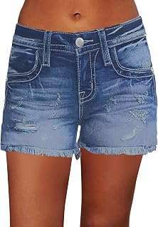 Flamingals Pantaloncini in jeans da donna a vita media, elasticizzati, strappati, orlo grezzo, curvy, estate, alla moda