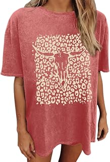 Western Cow Skull Shirts for Women Boho Cowgirl Shirt Vintage Acid Wash Tshirt Oversize Rodeo Graphic Tee Country Top