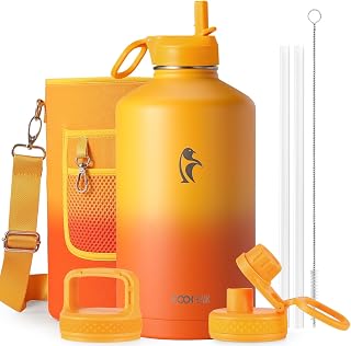 Coolflask 128 oz Gallon Water Bottle Insulated with Straw & 3 Leakproof Lid