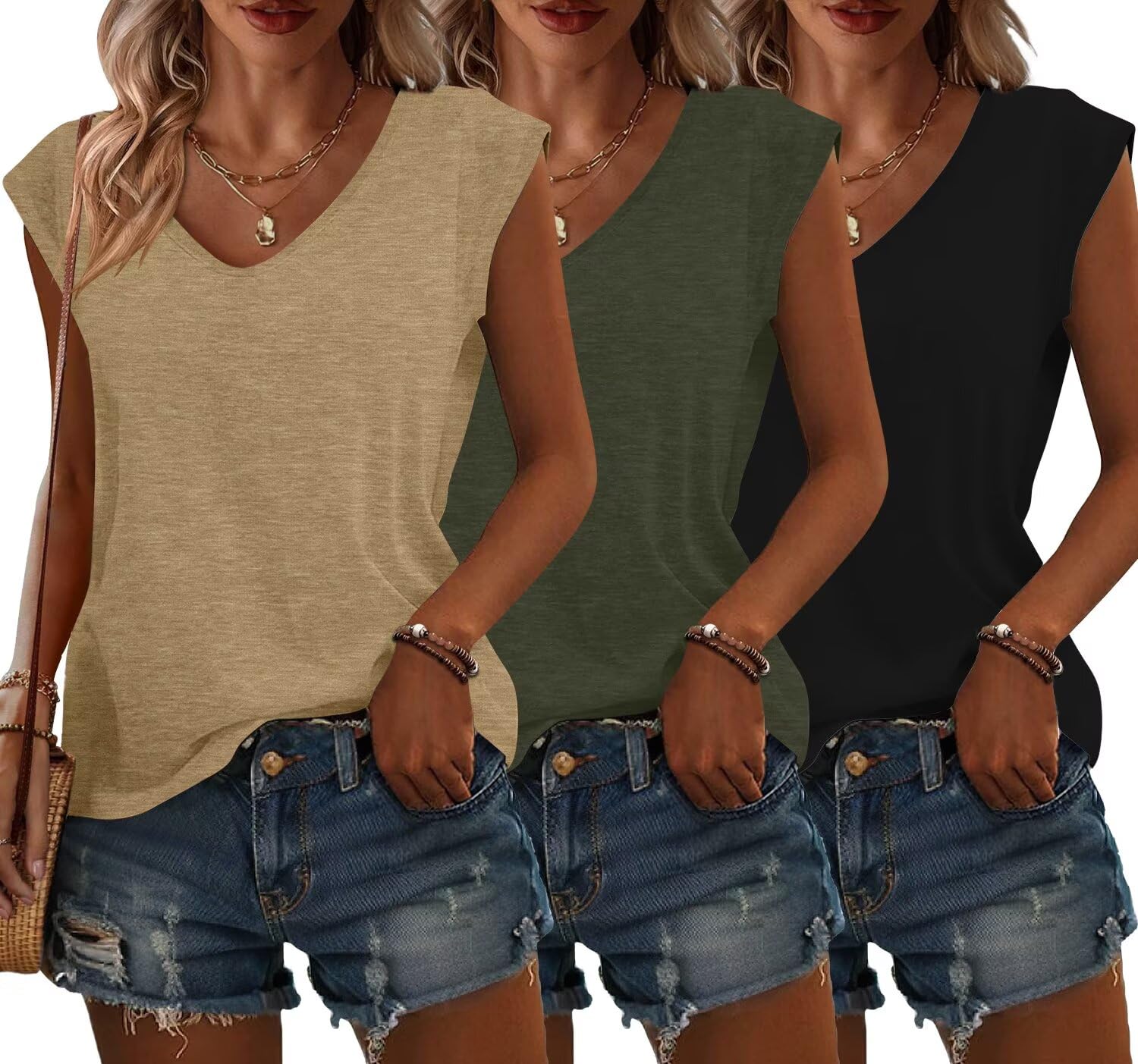 Bliwov Pack of 3 Women's Cap Sleeve V-Neck Summer Autumn Plus Size Beach Vacatio