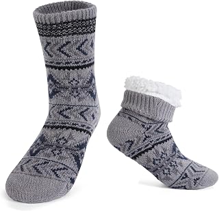LEMZONE Men's Warm Slipper Socks Non Slip Thick Fleece Grip Cabin Socks