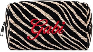 KAKU HOME Personalized Zebra Makeup Bag Custom Name Embroidered Cosmetic Pouch (black、brown、red、blue)