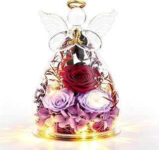 Gifts for Women Preserved Rose in Glass Angel with Warm LED Lights,Flowers for Delivery Prime, Christmas Birthday for Mom Grandma Wife from Daughter,Home Decor Angel Figurine,Purple