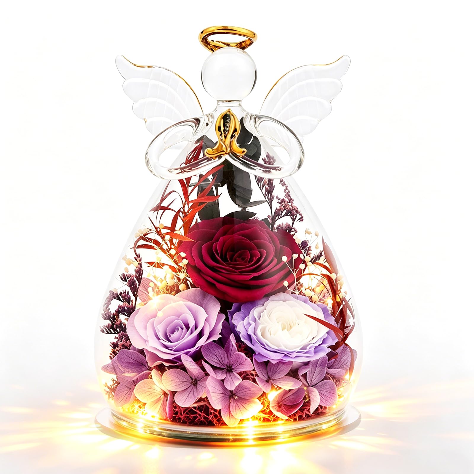 Gifts for Women Preserved Rose in Glass Angel with Warm LED Lights,Flowers for D