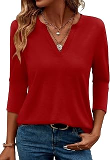 Womens 3/4 Sleeve V Neck Loose Fit Curved Hem Elegant Casual Blouse Tops S-2XL