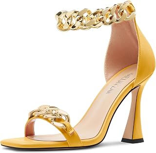 HEUIVZAR Women's High High Kitten Heel Square Toe Sandals Ankle Strap Zipper Metal Chain Wedding Dress 10 CM Heels