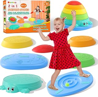 HAPATOYS Balance Board & Stepping Stones for Kids - 2-in-1 No-Slip Turtle Stepping Stones and Balance Board for Toddler Balance & Obstacle Course, for 3 4 5 6 Year Old Kid Indoor & Outdoor Play
