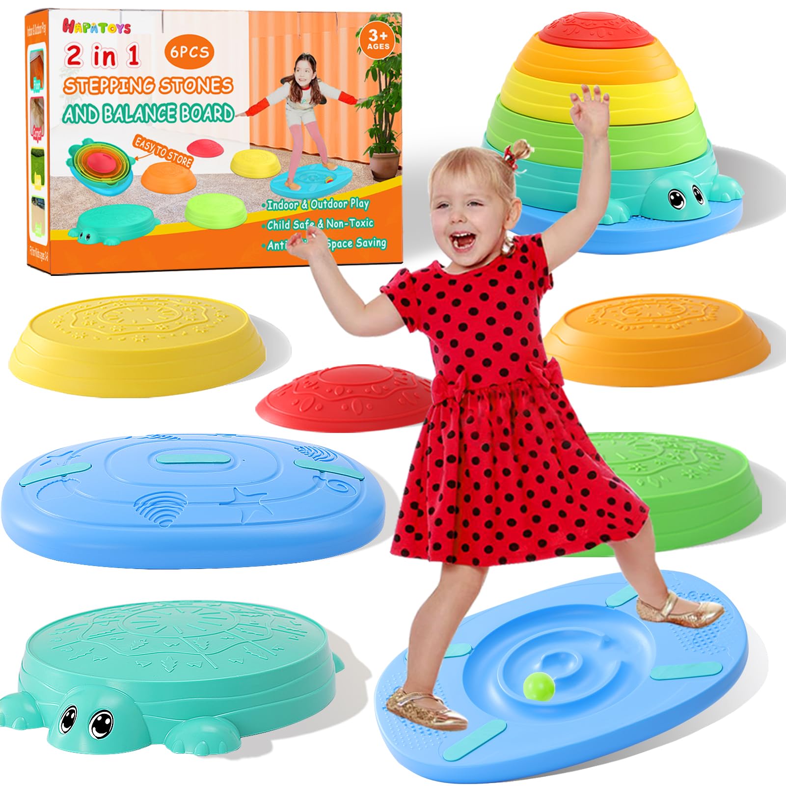 HAPATOYS Balance Board & Stepping Stones for Kids - 2-in-1 No-Slip Turtle Steppi