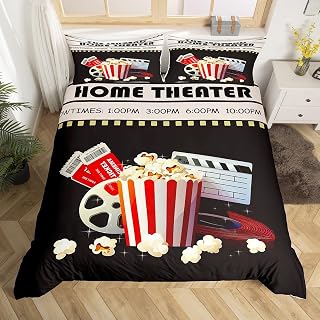 Vintage Cinema Ticket Duvet Cover Cinema Theme Bedding Set Film Strip Home Decorative Comforter Cover for Boys Girls Kids Teens Bedroom Decor Bedspread Cover Queen Size with 2 Pillowcases