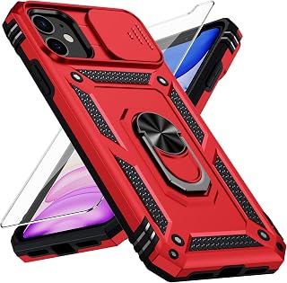 for iPhone 11 Case with Camera Lens Cover, HD Screen Protector, 10 FT Military Grade Drop Protection, Magnetic Ring Holder Kickstand Protective Phone Case for iPhone 11, Red