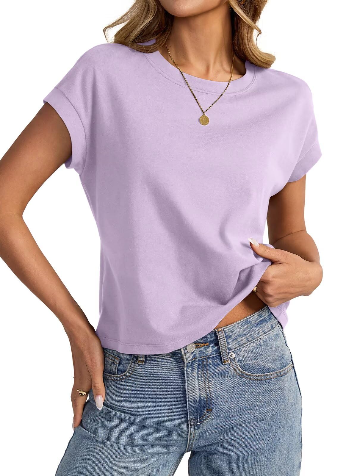 EasyGala Womens Cap Sleeve Crop Tops Cotton T Shirts Crewneck Loose Fit Short Sl